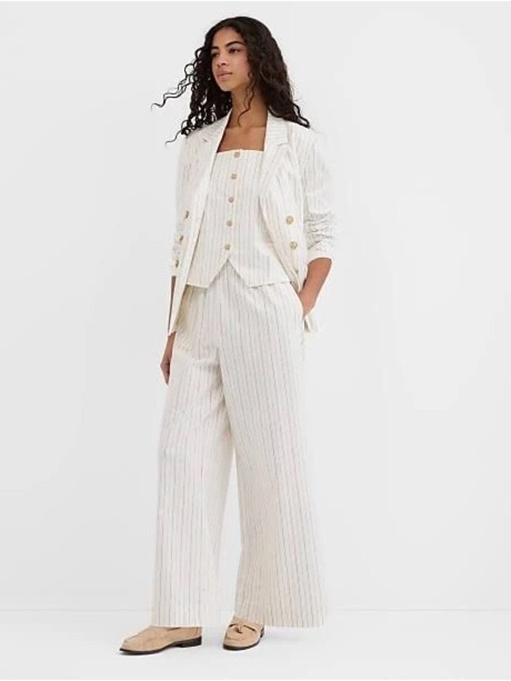 LOFT Petite NWT 3-Pc Ivory Pinstripe Suit Blazer 6 Vest 6P Wide Leg Pant SP